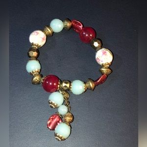 Colorful Floral Bead Bracelet Gold Red Pink Celadon Green